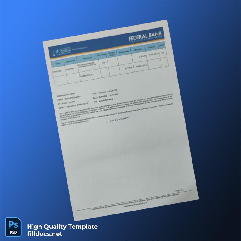 India Federal Bank Bank Statement Template in Word and PDF formats page 2