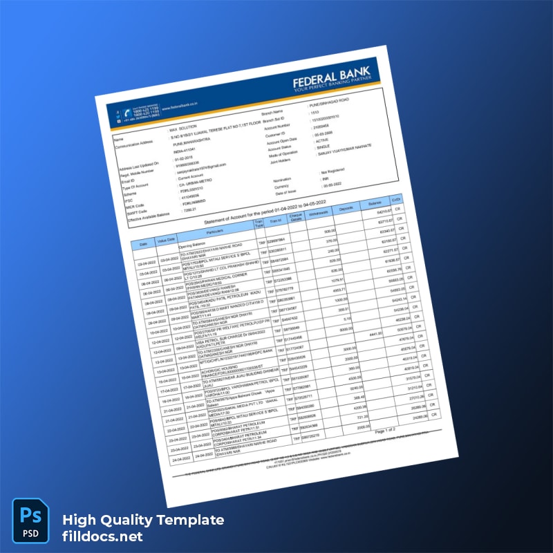 India Federal Bank Statement Template in Word and PDF formats