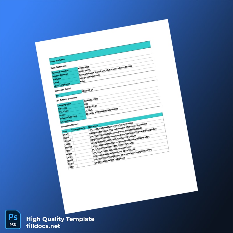 India Finvu Bank Statement Template in Word and PDF formats page 2