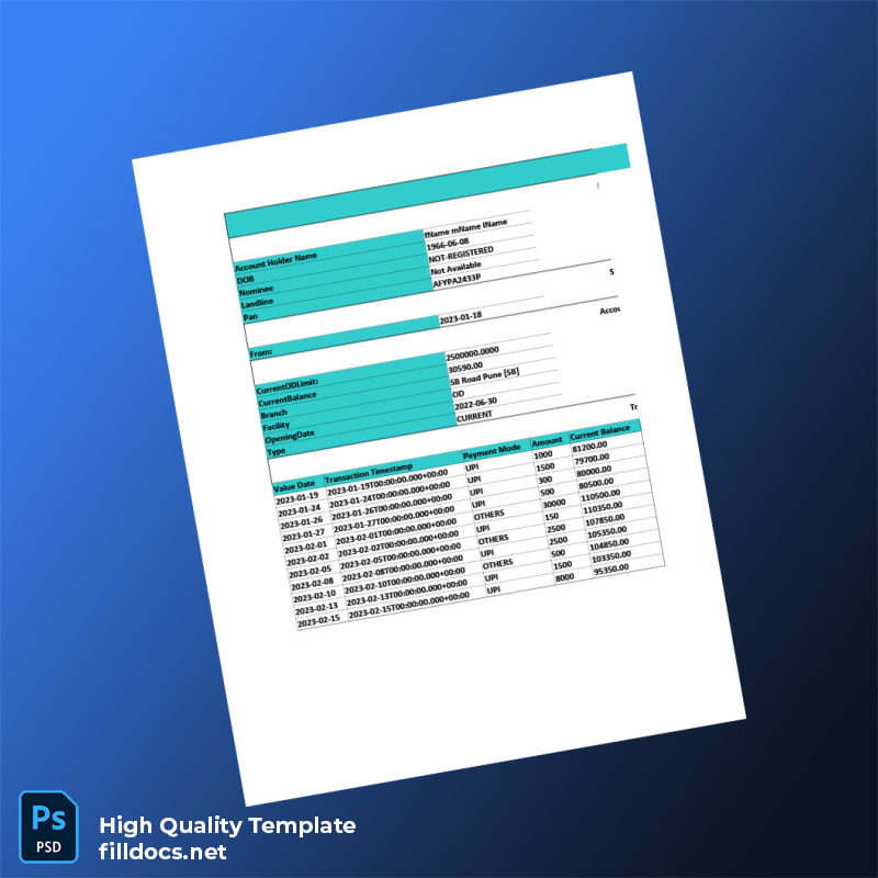 India Finvu Bank Statement Template in Word and PDF formats