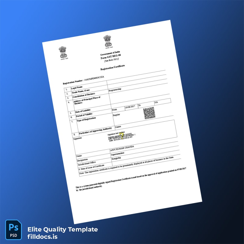 Fillable India GST Registration Certificate Template - Word/PDF Template Preview