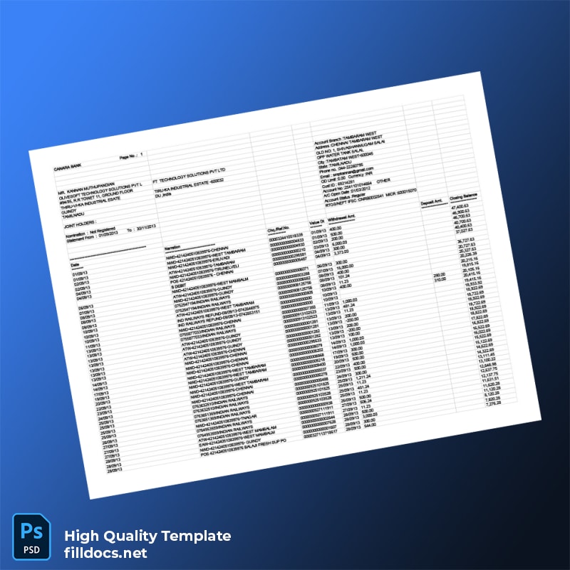 India Gannara Bank Statement Template in Word and PDF formats