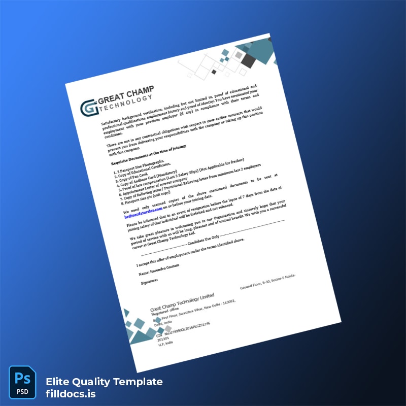 Fillable India Great Champ Technology Ltd Employment Offer Letter Template in Word and PDF formats page 2 Page Preview - FillDocs