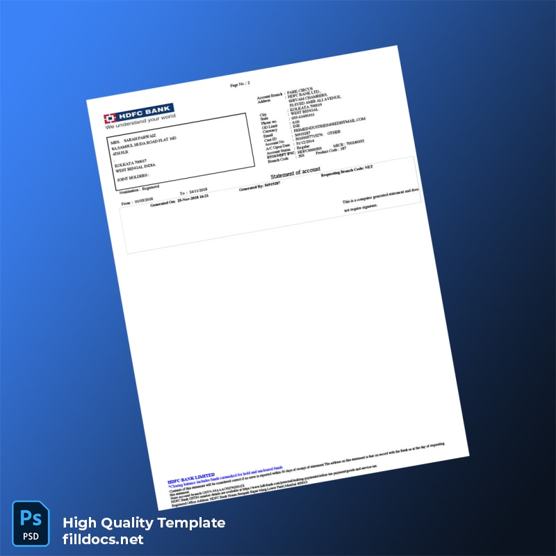 India HDFC Bank Account Statement Template in Word and PDF formats page 2
