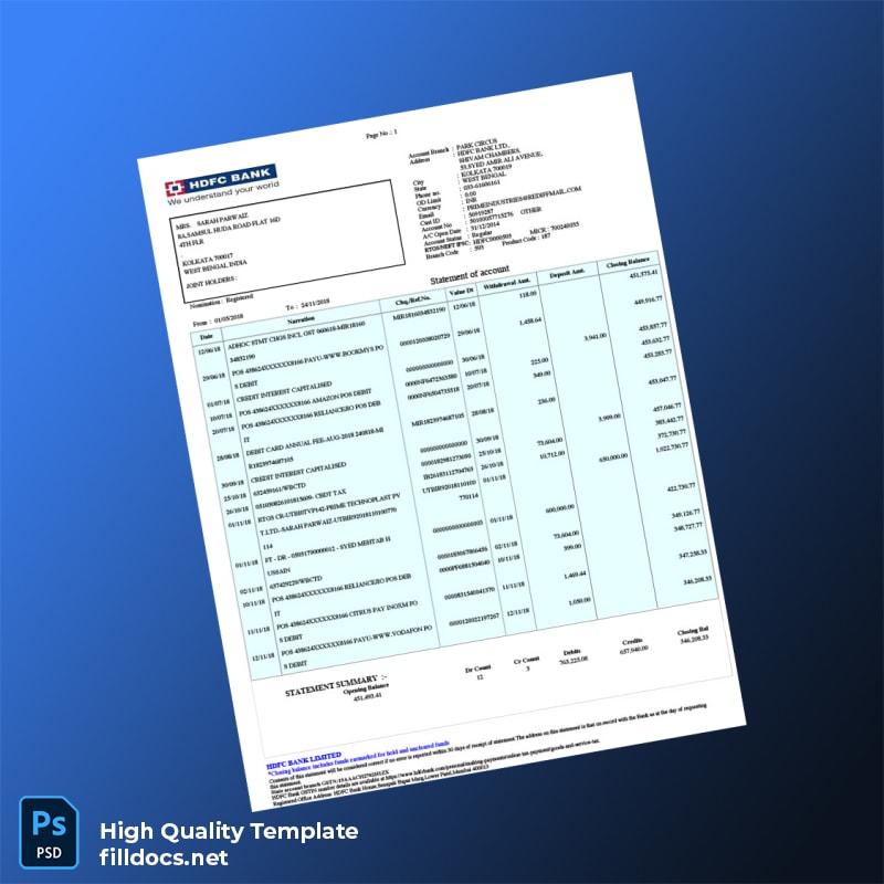 India HDFC Bank Account Statement Template in Word and PDF formats