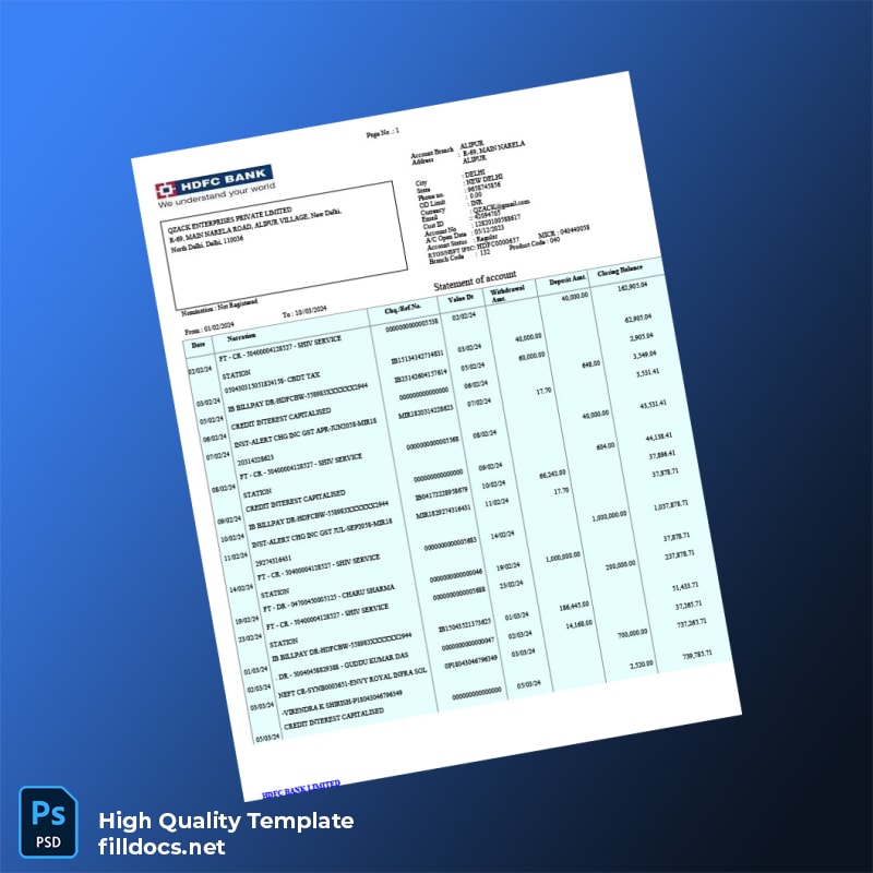 India HDFC Bank Statement Template in Word and PDF formats
