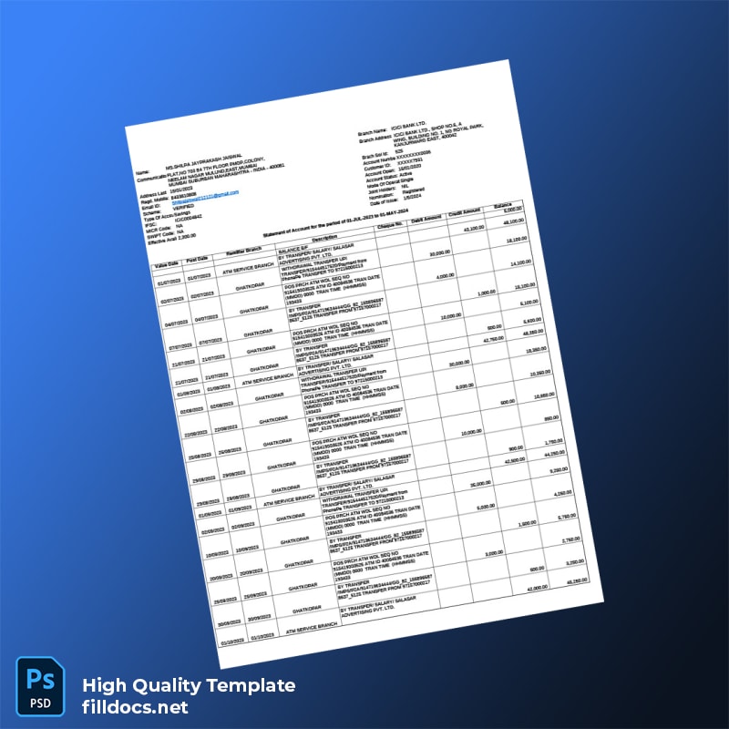 India ICICI Bank Account Statement Template in Word and PDF formats