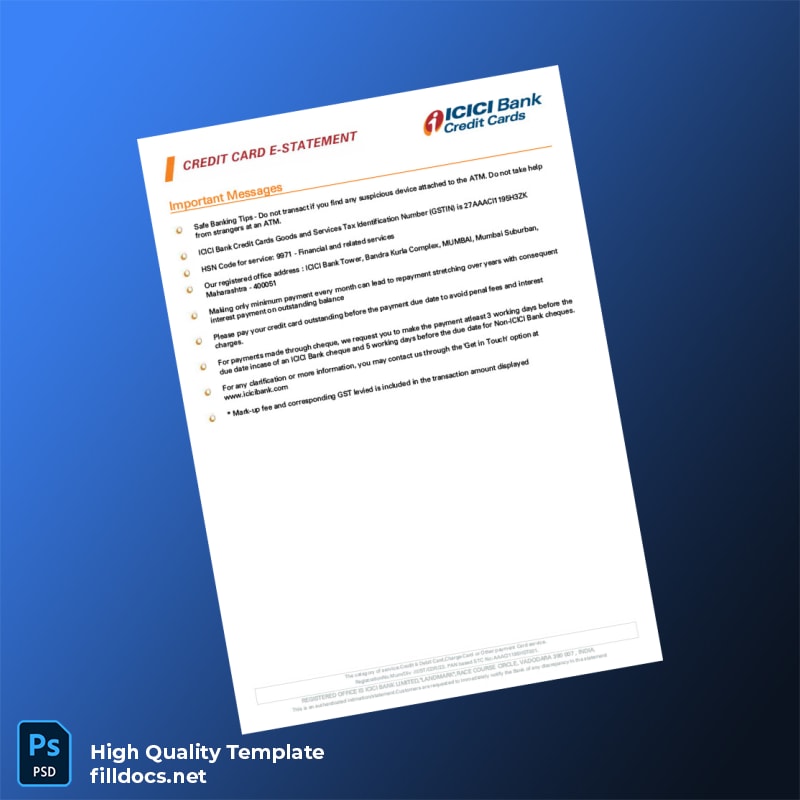India ICICI Bank Credit Card Statement Template in Word and PDF formats page 2
