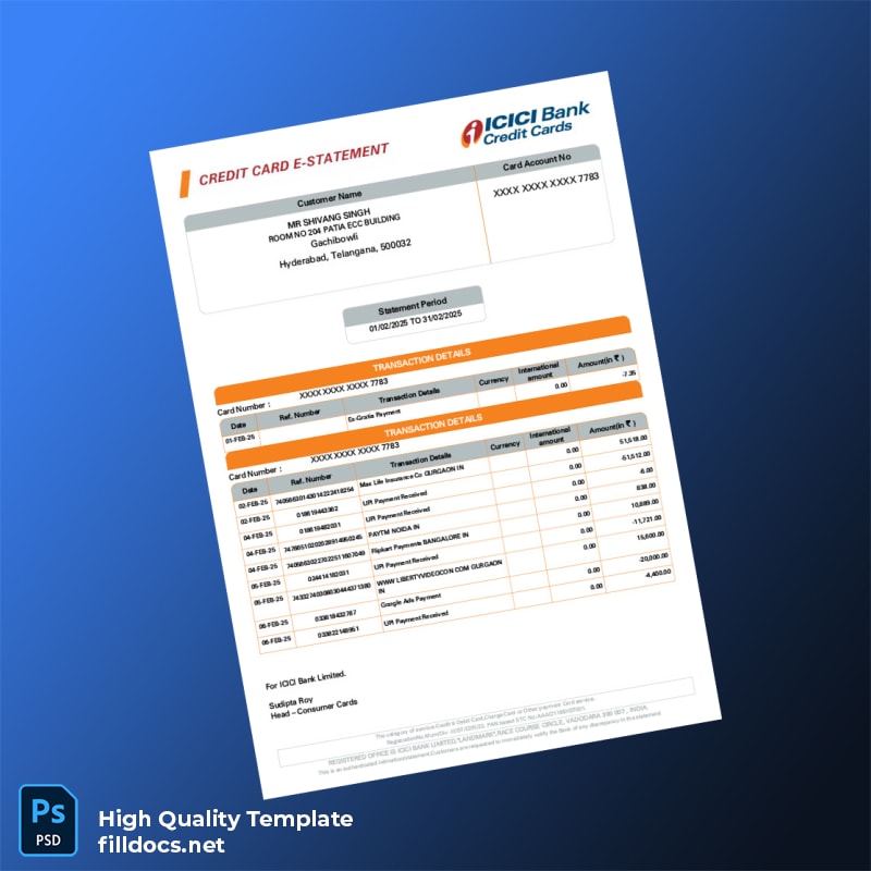 India ICICI Bank Credit Card Statement Template in Word and PDF formats