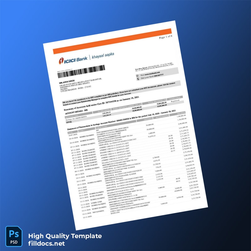 India ICRI Bank Bank Statement Template in Word and PDF formats