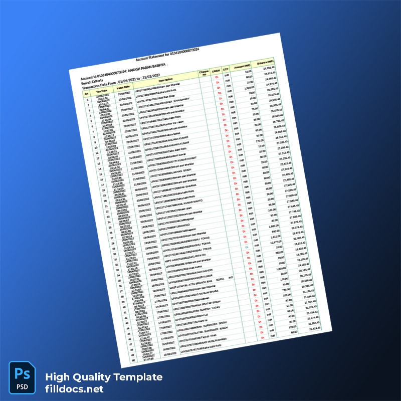 India IDBI Bank Statement Template in Word and PDF formats