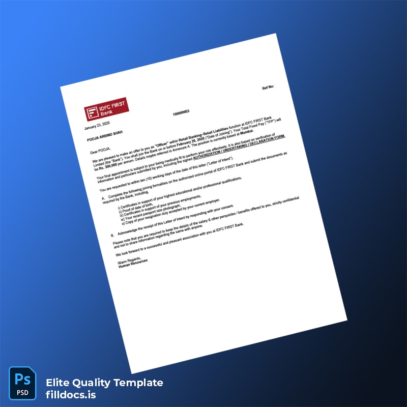 Fillable India IDFC FIRST Bank Employment Verification Letter Template - Word/PDF Template Preview - FillDocs