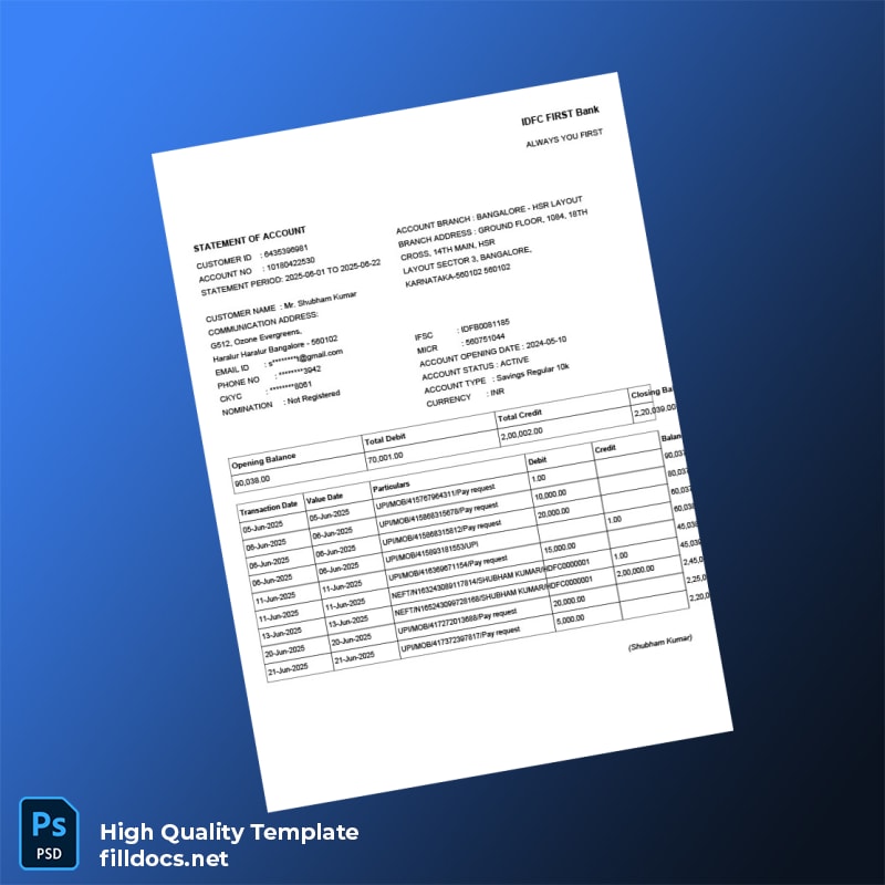 India IDFC FIRST Bank Statement Template in Word and PDF formats