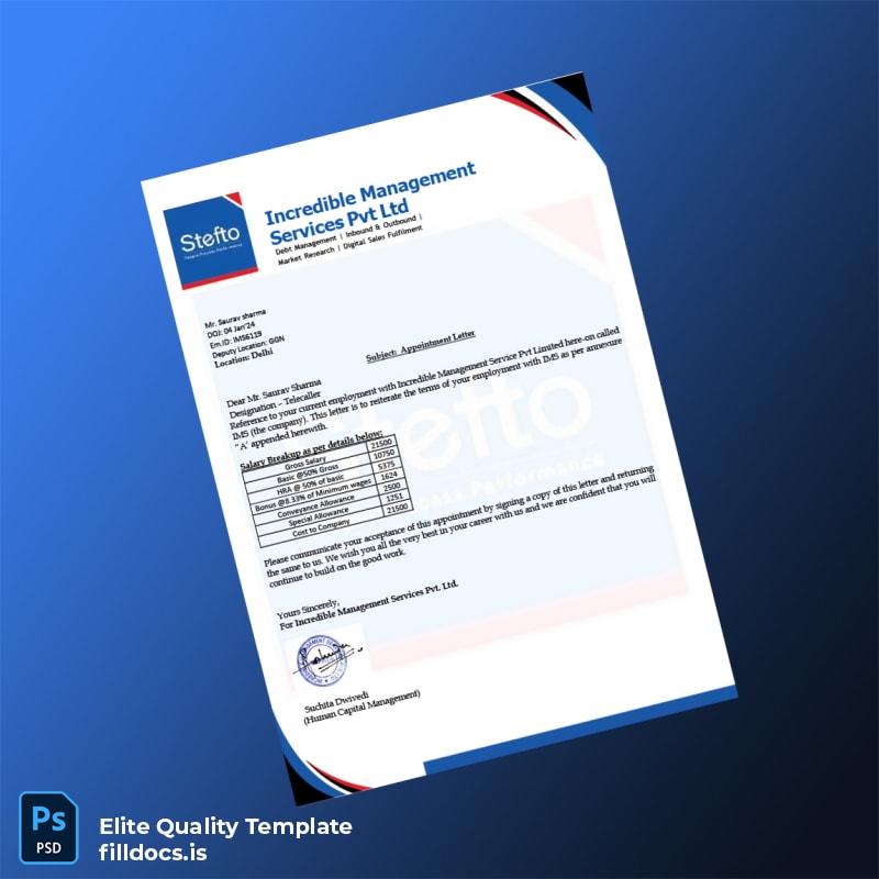 Fillable India Incredible Management Services Pvt Ltd Employment Verification Letter Template - Word/PDF Template Preview - FillDocs