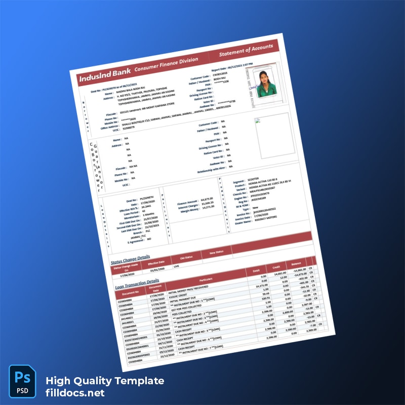 India IndusInd Bank Loan Statement Template in Word and PDF formats