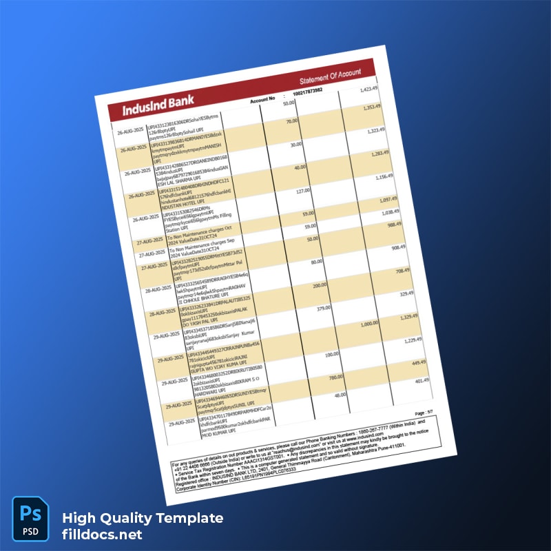 India IndusInd Bank Statement Template in Word and PDF formats