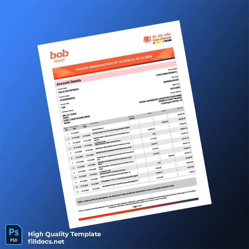 India JCB Bank Statement Template in Word and PDF formats