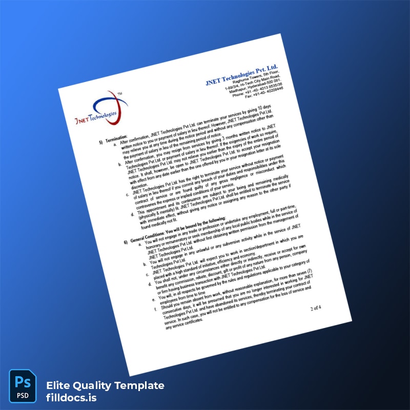 Fillable India JNET Technologies Pvt Ltd Employment Verification Letter Template in Word and PDF formats page 2 Page Preview - FillDocs