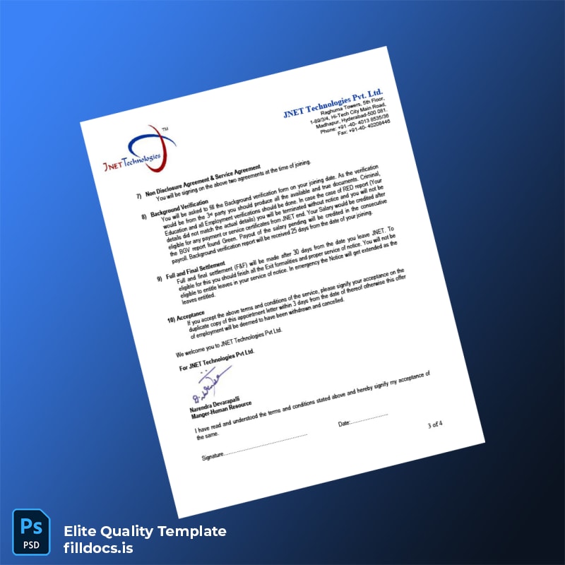 Fillable India JNET Technologies Pvt Ltd Employment Verification Letter Template in Word and PDF formats page 3 Page Preview - FillDocs