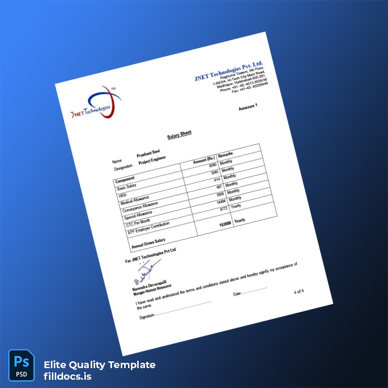 Fillable India JNET Technologies Pvt Ltd Employment Verification Letter Template in Word and PDF formats page 4 Page Preview - FillDocs