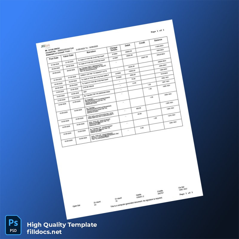 India Jharkhand Rajya Gramin Bank Statement Template in Word and PDF formats page 2