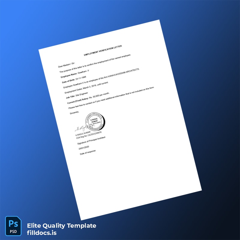Fillable India KANAVUKOODAM ARCHITECTS Employment Verification Letter Template - Word/PDF Template Preview - FillDocs