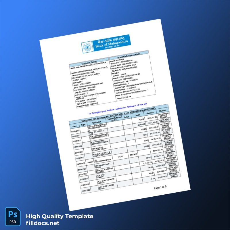 India KK Bank Statement Template in Word and PDF formats