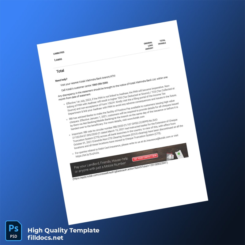 India Kotak Bank Statement Template in Word and PDF formats page 2