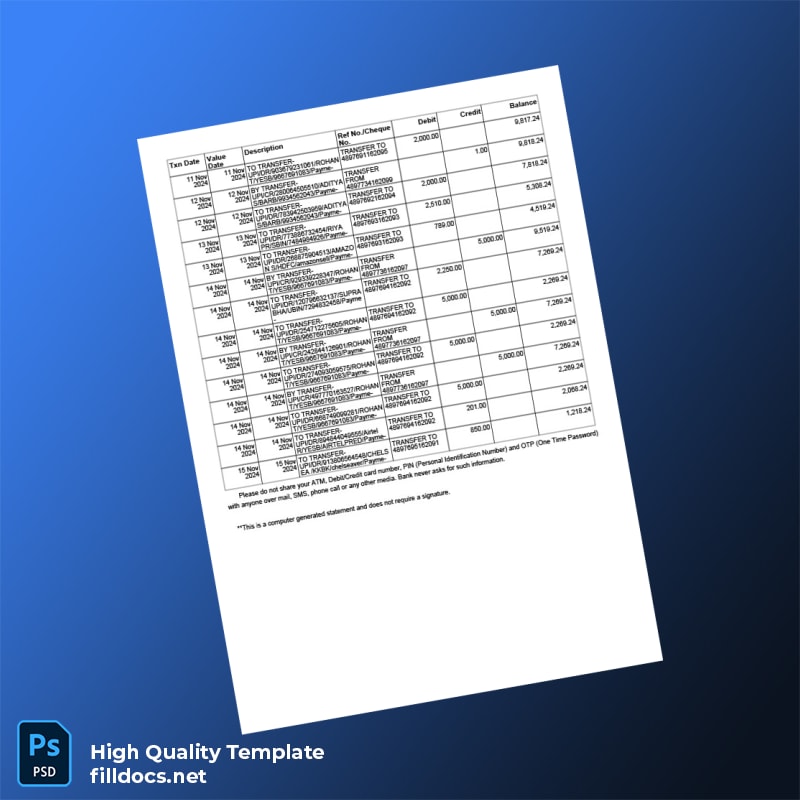 India LOTUS SAVING BANK Account Statement Template in Word and PDF formats page 2