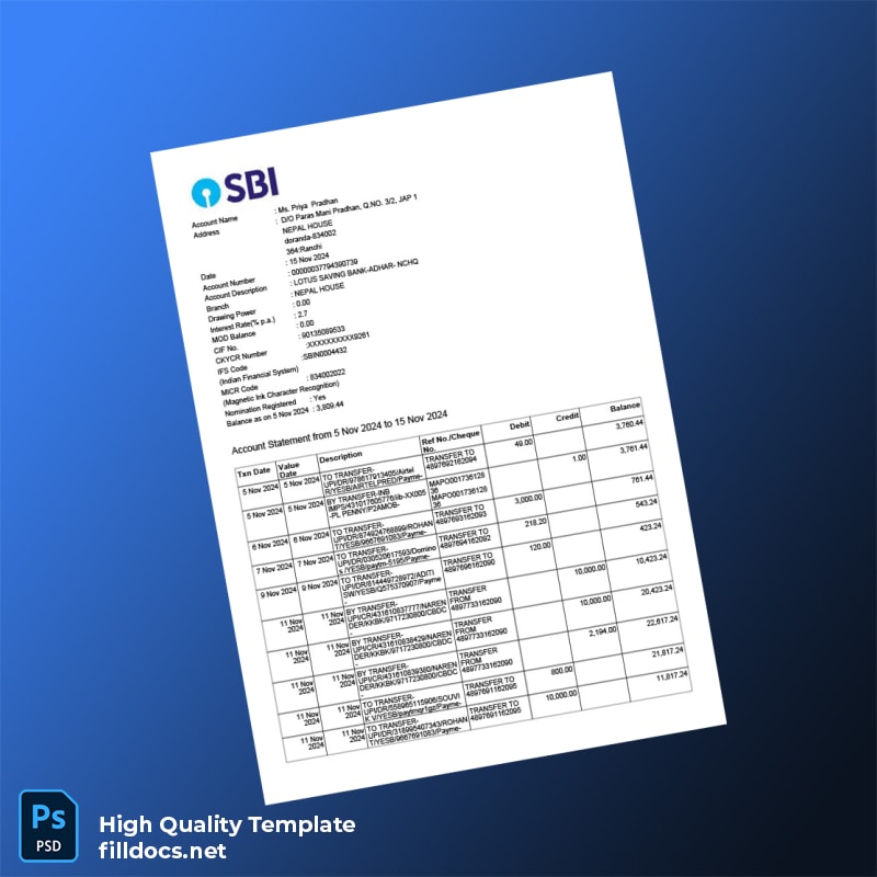 India LOTUS SAVING BANK Account Statement Template in Word and PDF formats