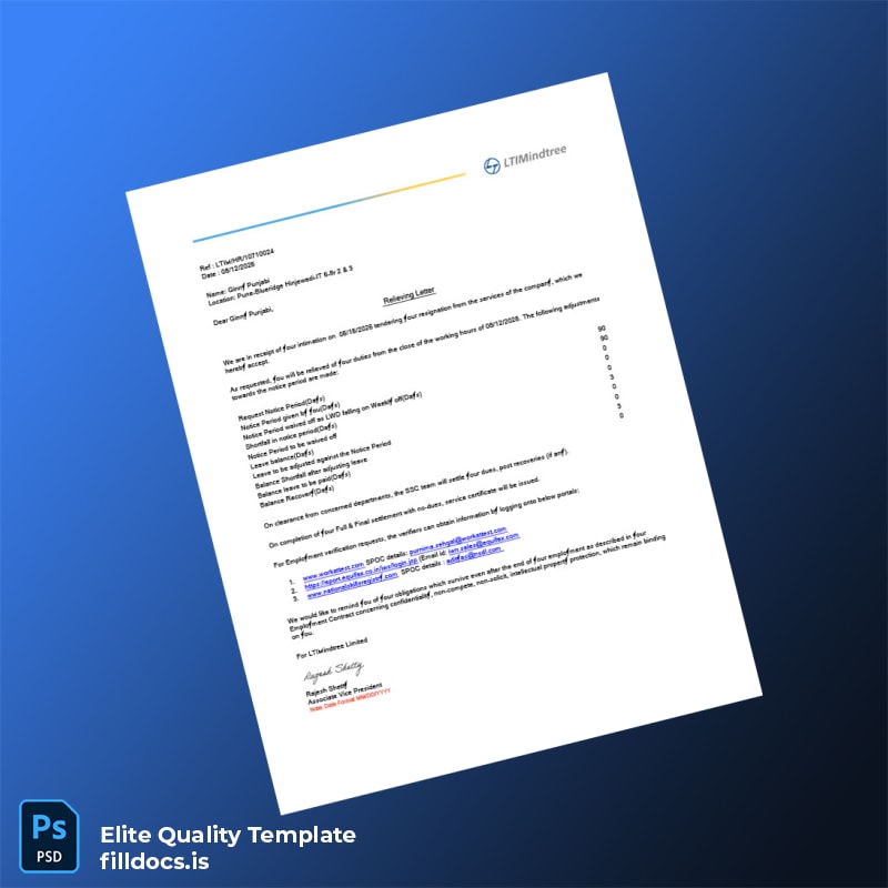 Fillable India LTI Mindtree Employment Verification Letter Template - Word/PDF Template Preview - FillDocs