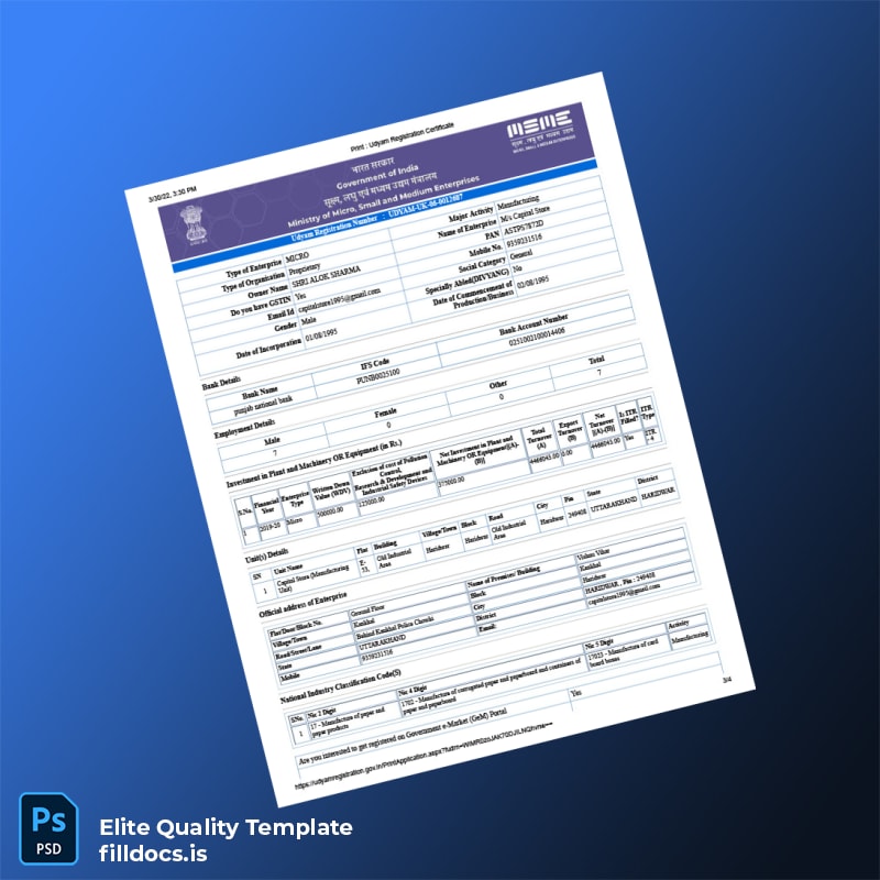 Fillable India MSME Registration Certificate Template in Word and PDF formats page 3 Page Preview - FillDocs