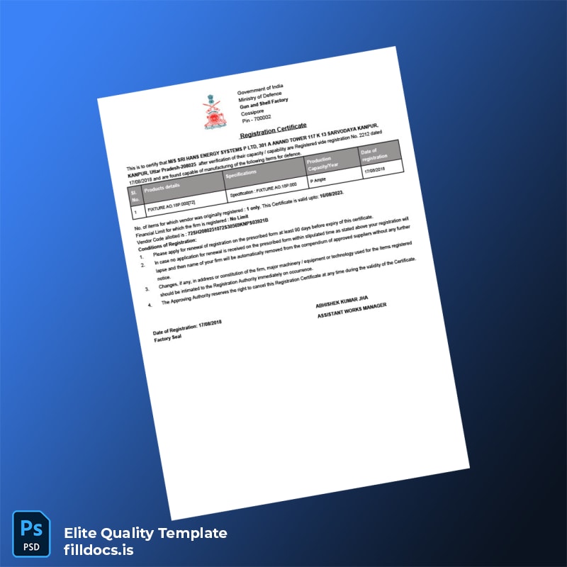 Fillable India Ministry of Defence Registration Certificate Template - Word/PDF Template Preview