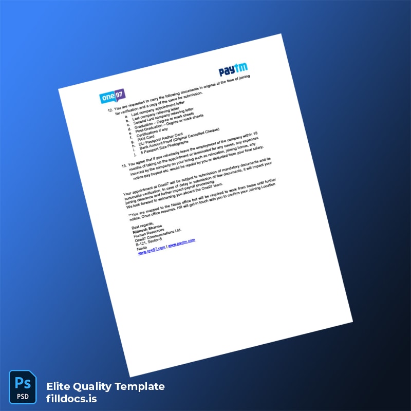 Fillable India One97 Communications Ltd Employment Verification Letter Template in Word and PDF formats page 2 Page Preview - FillDocs