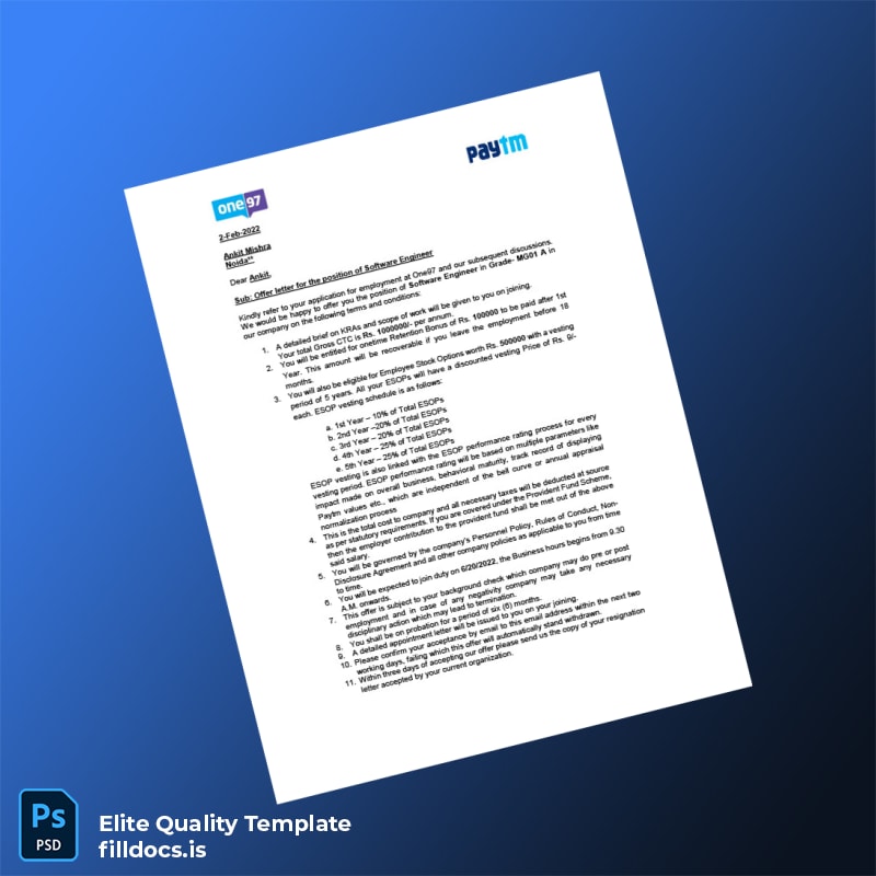 Fillable India One97 Communications Ltd Employment Verification Letter Template - Word/PDF Template Preview - FillDocs