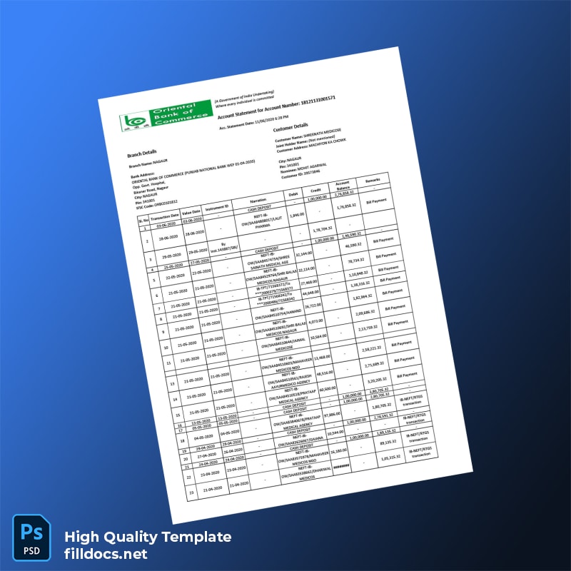 India Oriental Bank of Commerce Bank Statement Template in Word and PDF formats