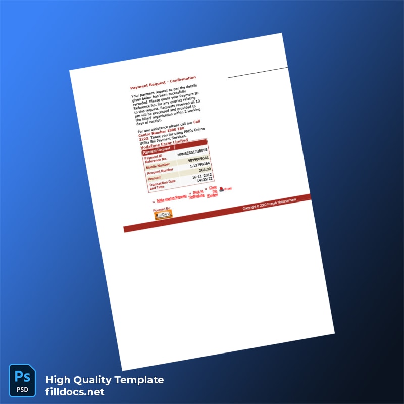 India Punjab National Bank Editable Payment Confirmation Template in Word and PDF formats