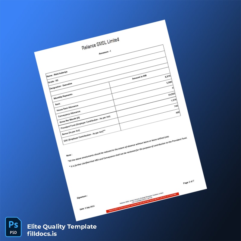 Fillable India Reliance SMSL Limited Salary Certificate Template in Word and PDF formats page 2 Page Preview - FillDocs