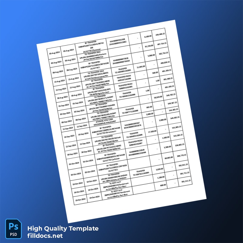 India SBI Account Statement Template in Word and PDF formats page 2