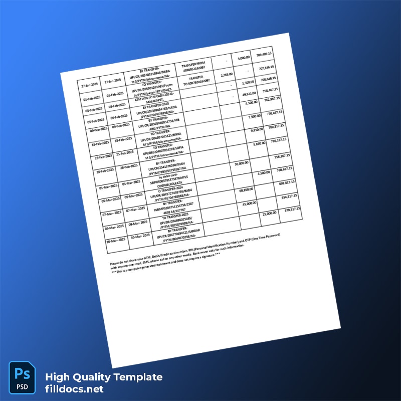 India SBI Account Statement Template in Word and PDF formats page 4