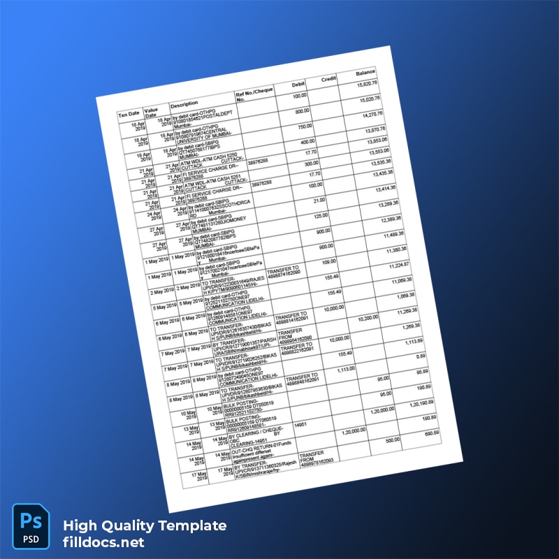 India SBI Bank Statement Template in Word and PDF formats page 5