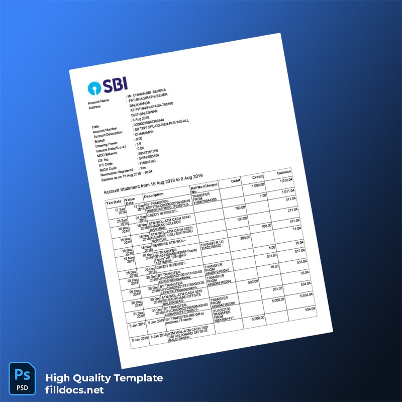 India SBI Bank Statement Template in Word and PDF formats