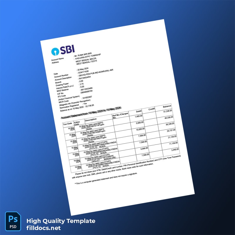 India SBIN Bank Statement Template in Word and PDF formats