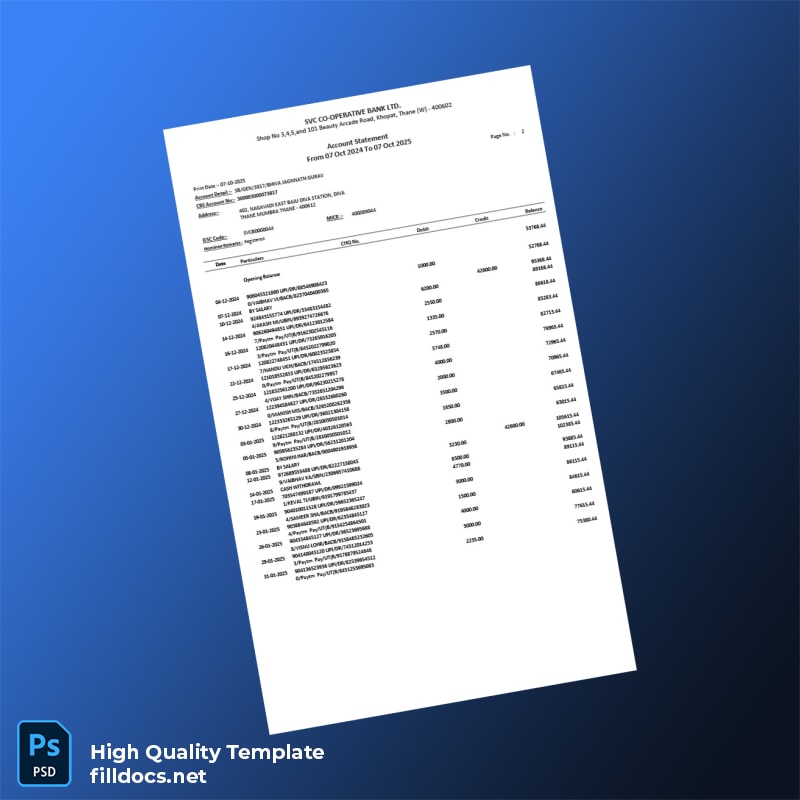 India SVC Co-operative Bank Account Statement Template in Word and PDF formats page 2