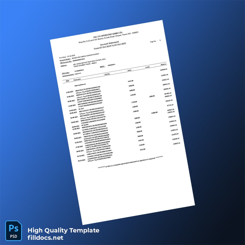 India SVC Co-operative Bank Account Statement Template in Word and PDF formats page 6