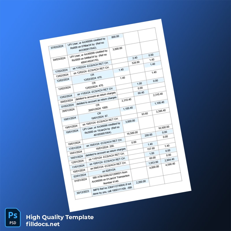 India State Bank of India Bank Statement Template in Word and PDF formats page 2