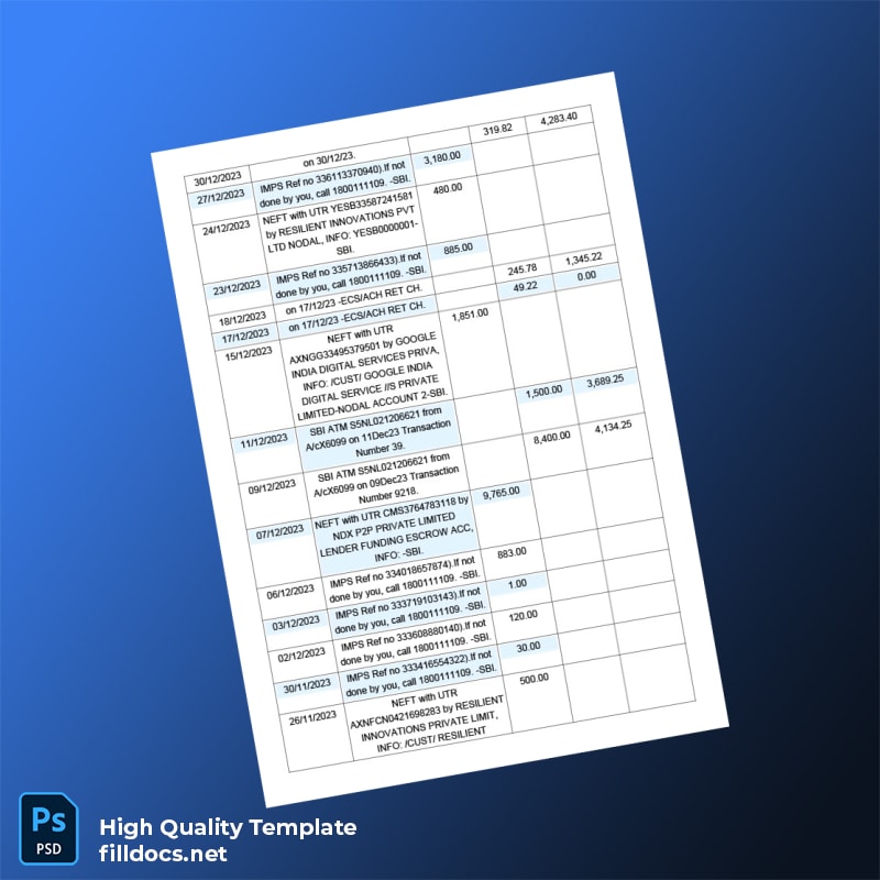 India State Bank of India Bank Statement Template in Word and PDF formats page 3
