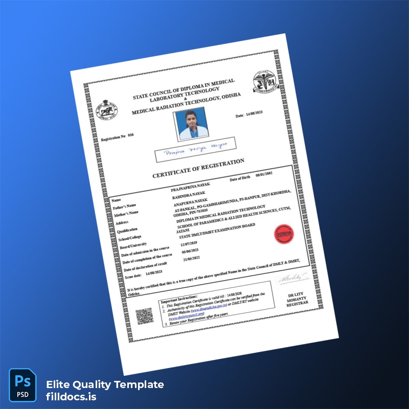 Fillable India State Council of Diploma in Medical Laboratory Technology Registration Certificate Template - Word/PDF Template Preview