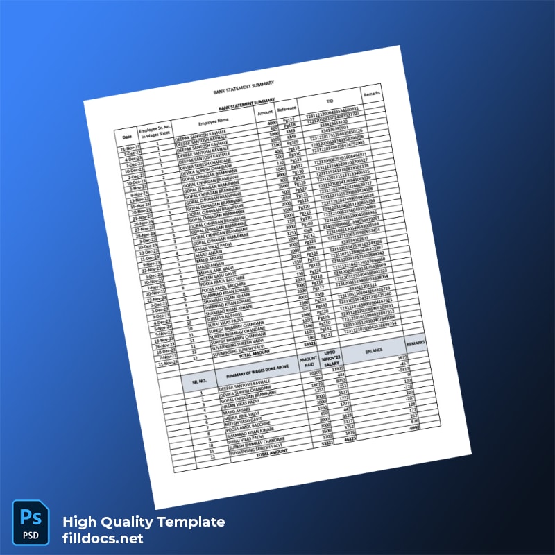 India Summary of Wages From Bank Statement Template in Word and PDF formats