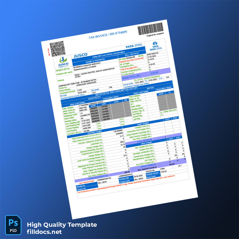 India Tata Power Editable Utility Bill Template in Word and PDF formats